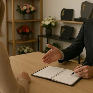 Conseiller funéraire tendant la main lors d'un entretien en agence.