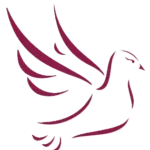 Logo minimaliste représentant une colombe en vol stylisée violette.